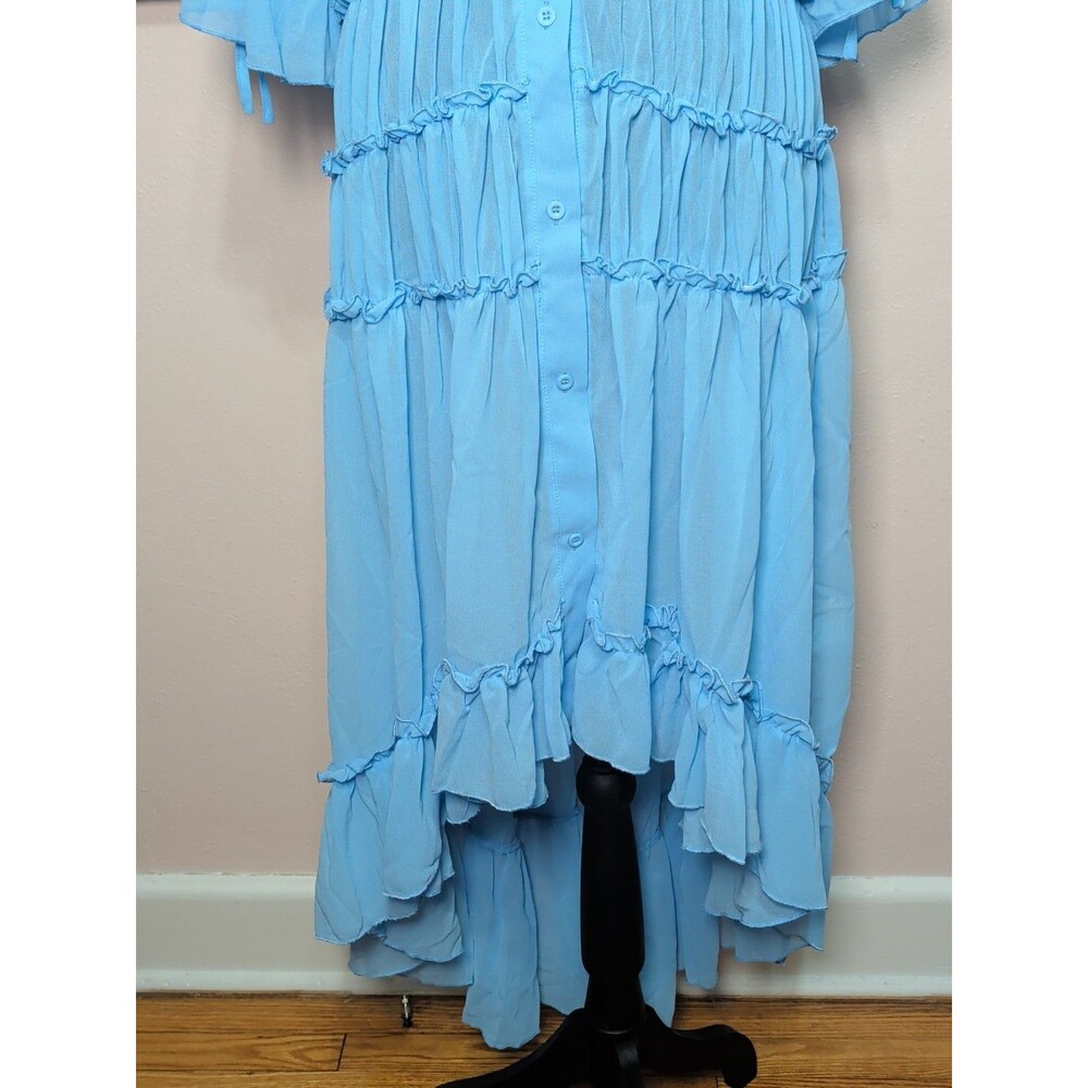 Womens Boho Large Baby Blue Sheer Chiffon Ruffled Tiered High Low Dress - Picture 5 of 15